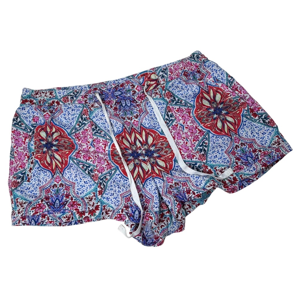 Gap Womens XL Linen‎ Cotton Medallion Floral Print Drawstring Shorts Red Blue